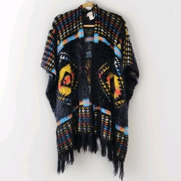 Free People Womens OS Southwesten Bohemian Black Fringe Fuzzy Cardigan Poncho - Picture 1 of 15
